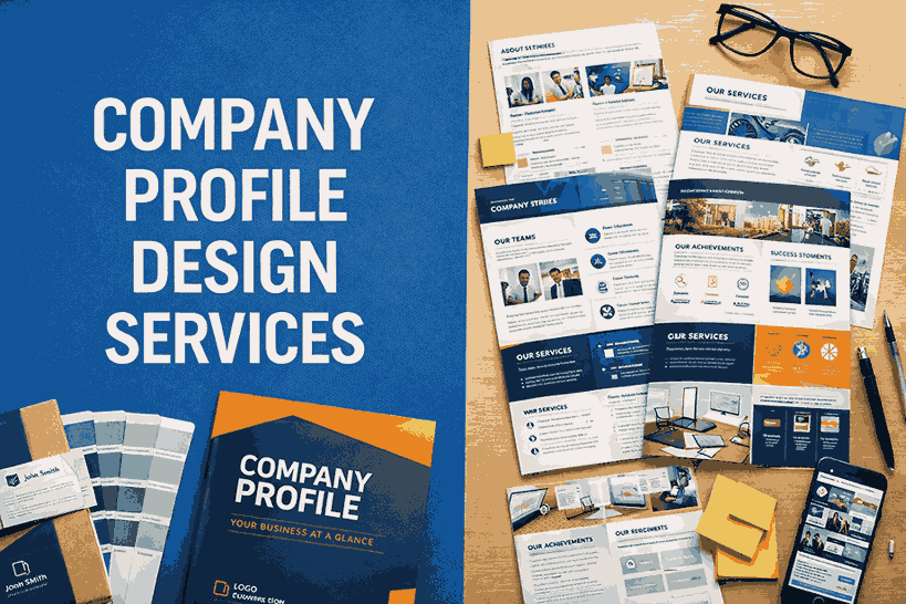 Company profile design services cover image showcasing professional company profile layouts, branding elements, and corporate profile designs