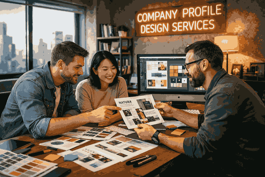 Professional designers collaborating in a modern creative studio workspace showcasing company profile design services with branding layouts and premium visuals