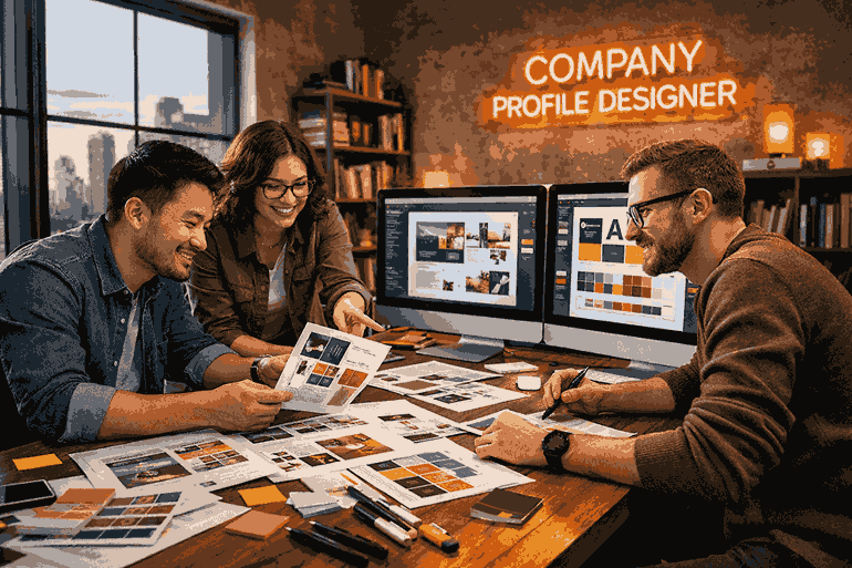 Professional company profile designer team collaborating in a modern creative studio workspace