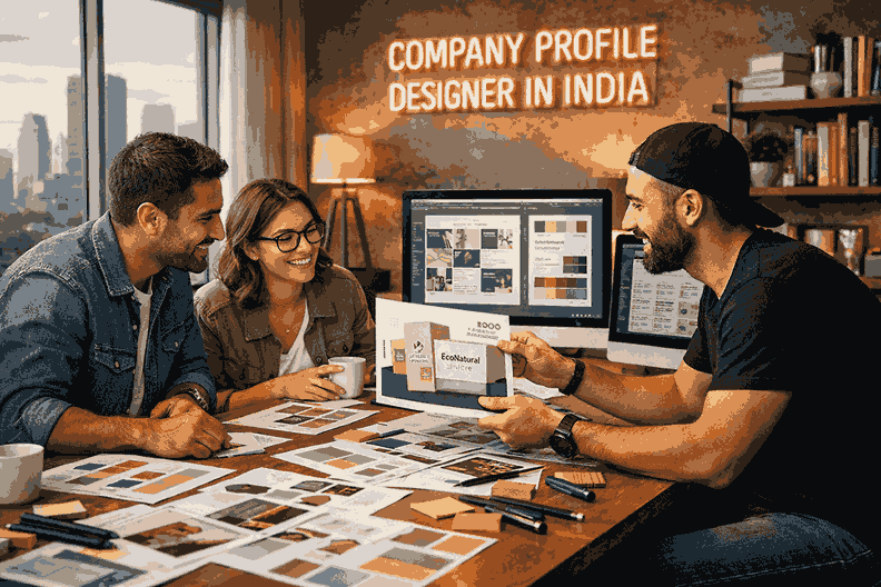 Company Profile Designer in India collaborating in a modern creative studio with brochure layouts, branding elements, and professional design software