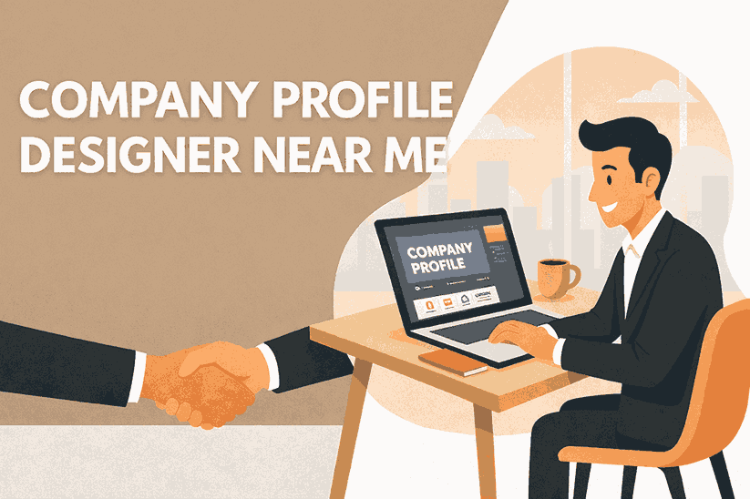 Company profile designer near me cover image showing a professional designer working on a company profile presentation