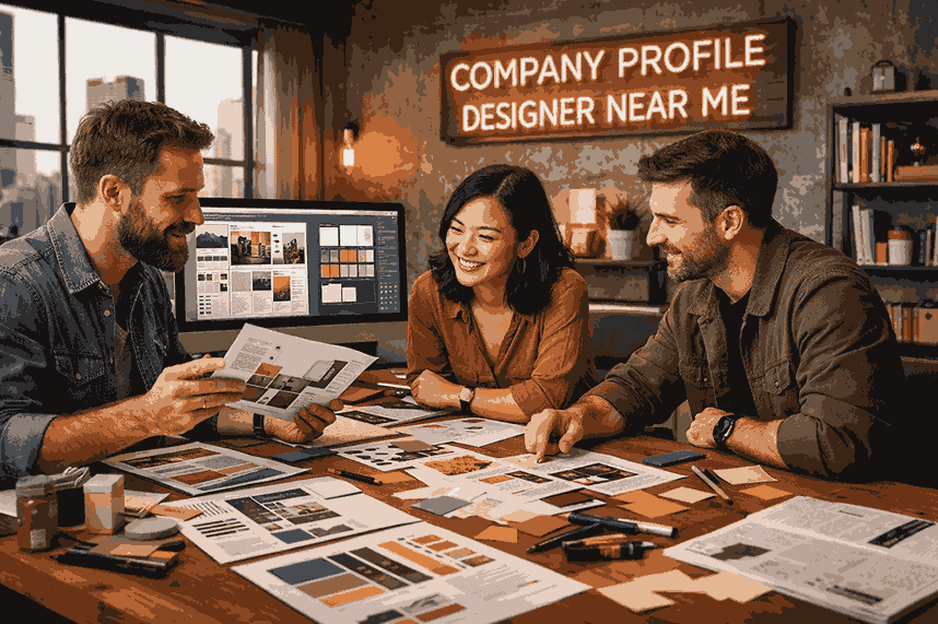 Professional company profile designer near me team collaborating in a modern creative studio with brochure layouts and branding elements