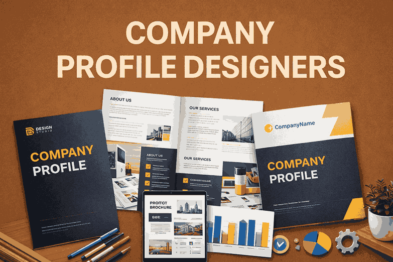 Company profile designers showcasing professional company profile designs, layouts, charts, and corporate branding elements