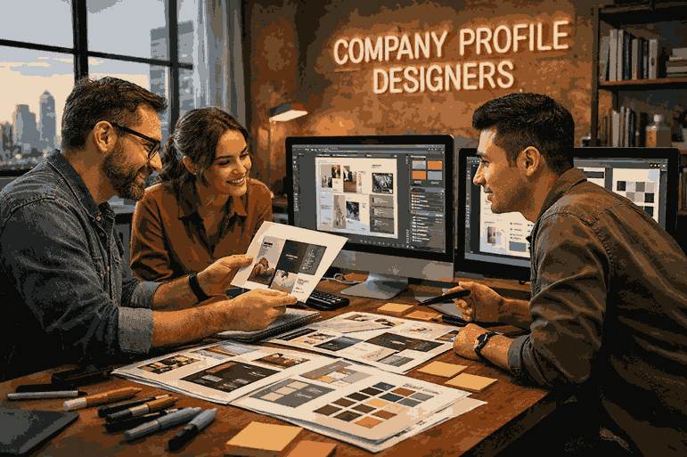 Company profile designers collaborating in a modern creative studio workspace with branding layouts and design tools