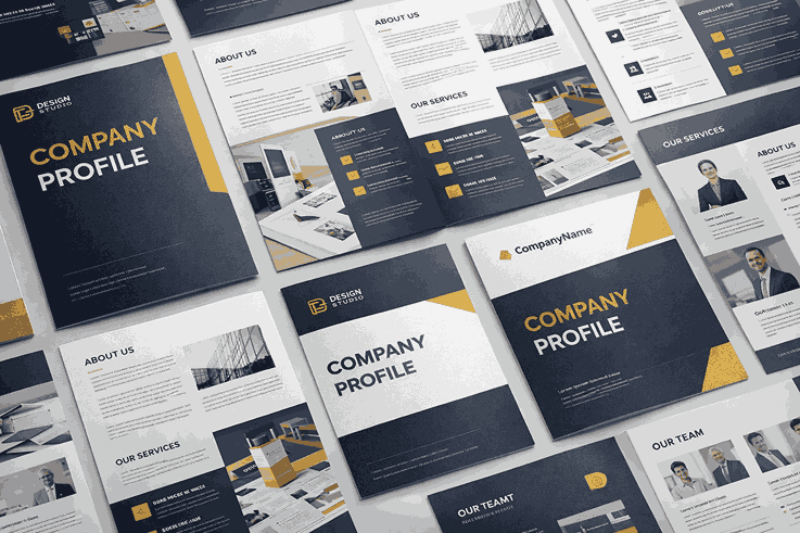 Flat-lay view of multiple company profile designs created by professional company profile designers with clean typography