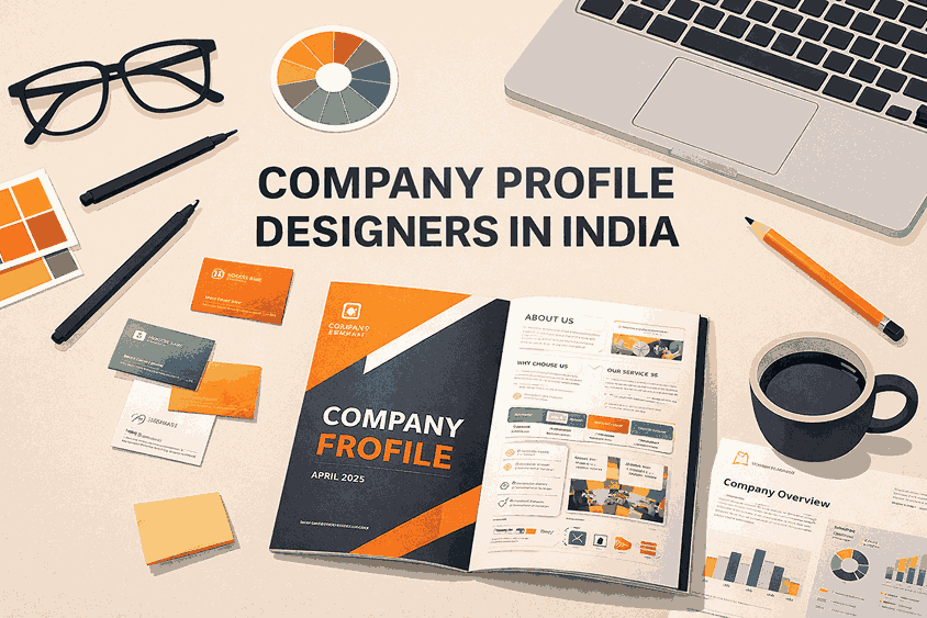 Company profile designers in India creating professional corporate profiles with branding tools, layouts, and business presentation elements.