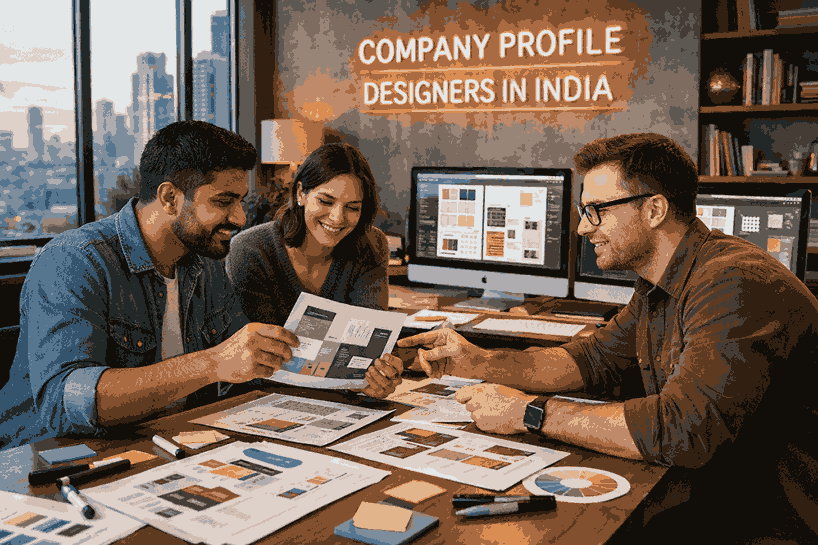 Company profile designers in India collaborating in a modern creative studio with brochure layouts, branding elements, and professional design tools.