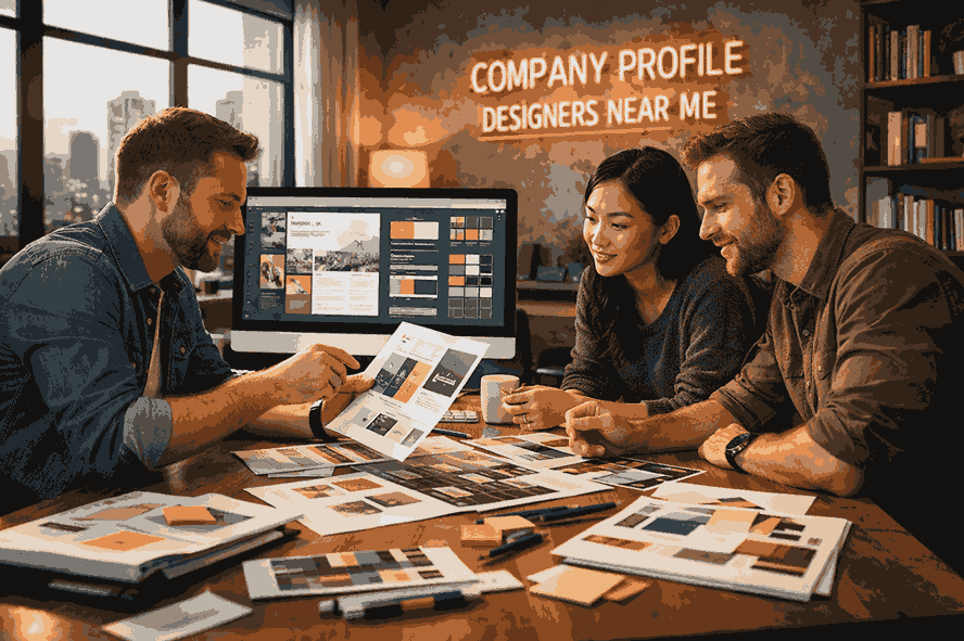 Company profile designers near me collaborating in a modern creative studio designing professional business profiles