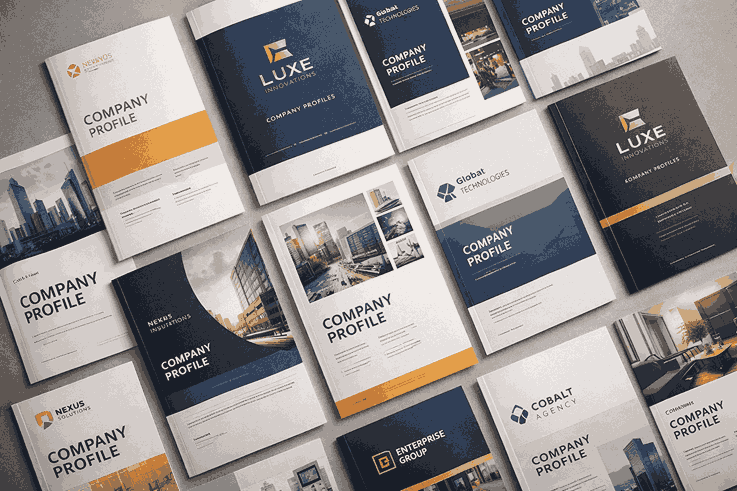 Flat-lay view of multiple professionally designed company profiles showcasing clean typography, brand consistency, and modern company profile designing.