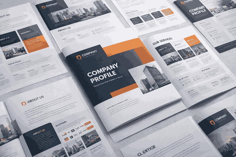 Flat-lay view of multiple company profile designs showcasing clean typography, brand consistency, and professional layout