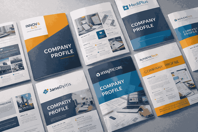 Flat-lay view of multiple company profile designs showcasing clean typography, consistent branding, and professional corporate layouts