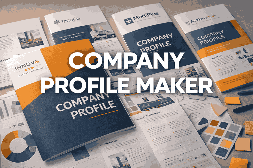 Company profile maker cover image showcasing professional company profile designs with bold typography and modern corporate branding elements