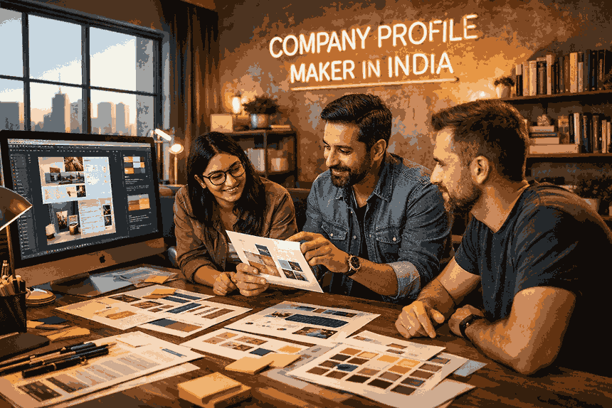 Company Profile Maker in India team collaborating in a modern creative studio designing professional company profiles and branding layouts