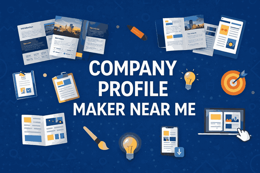 Cover image showing company profile designs and creative elements for company profile maker near me services.