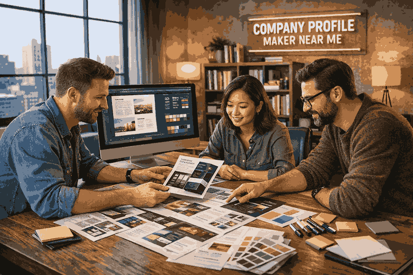 Modern creative studio with professional designers collaborating on company profile layouts, showcasing company profile maker near me services.