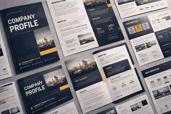 Flat-lay view of multiple company profile designs with clean typography and brand consistency by a company profile maker near me.
