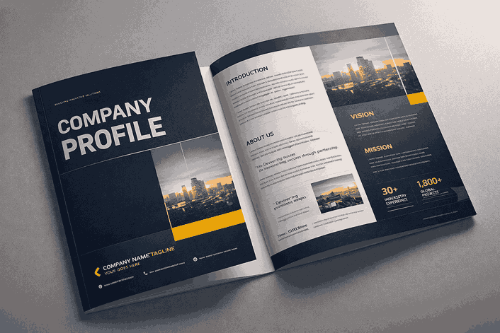Premium company profile mockup showcasing professional layout, bold branding, and sharp typography by a company profile maker near me.