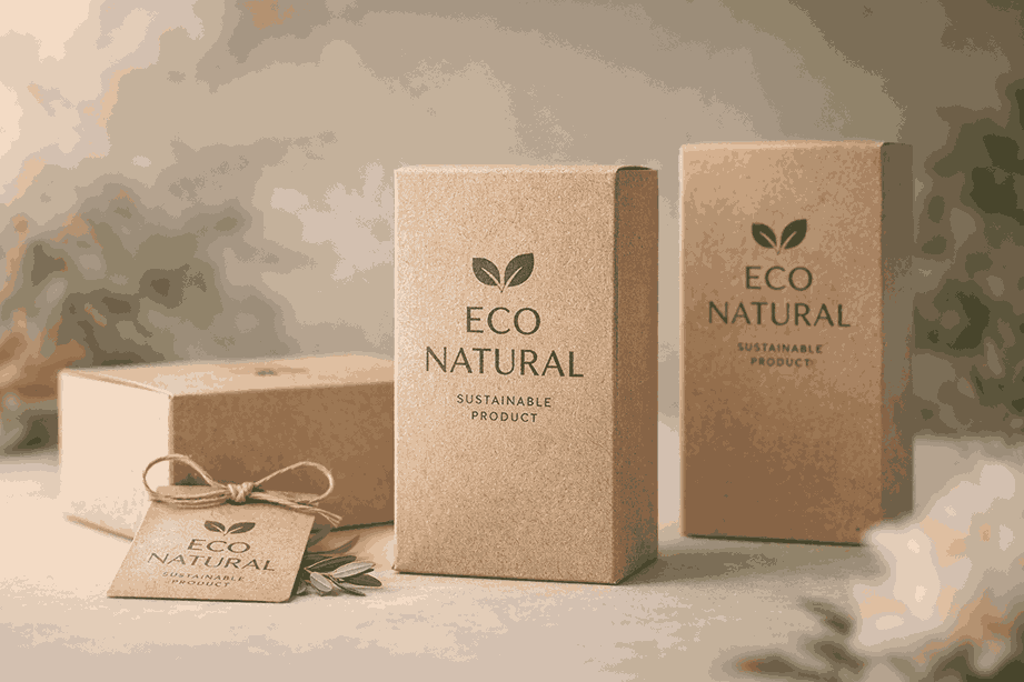 Eco-friendly packaging design using recycled kraft paper boxes with green branding and sustainable materials
