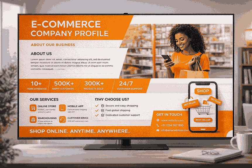 E-commerce company profile digital presentation showcasing modern online retail branding and business overview