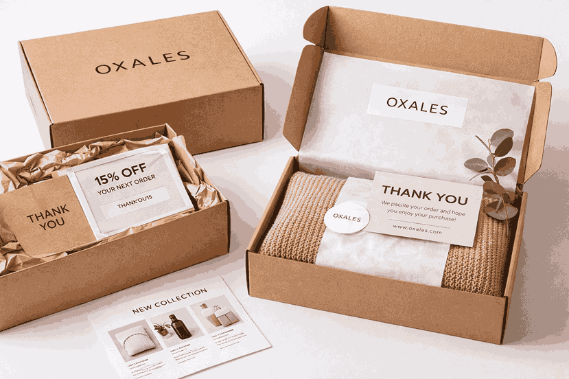 E-commerce packaging design showing branded shipping boxes, inner packaging, thank-you cards, and product inserts for a modern unboxing experience.