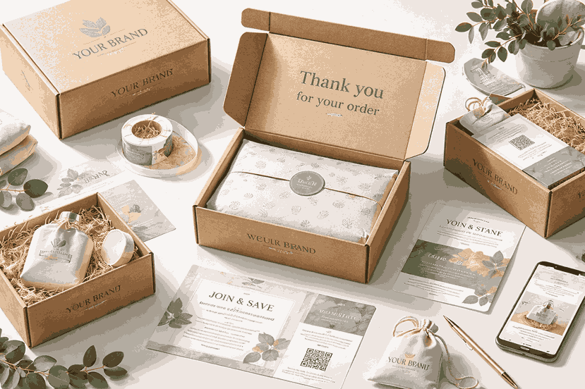E-commerce packaging design with branded shipping boxes, inner packaging, thank-you cards, and inserts by a packaging designer in Pune.
