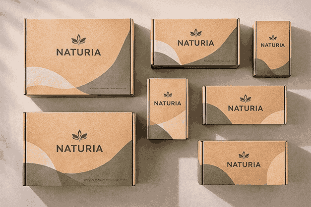 Flat-lay box packaging designs showcasing brand consistency by a professional box designer near me