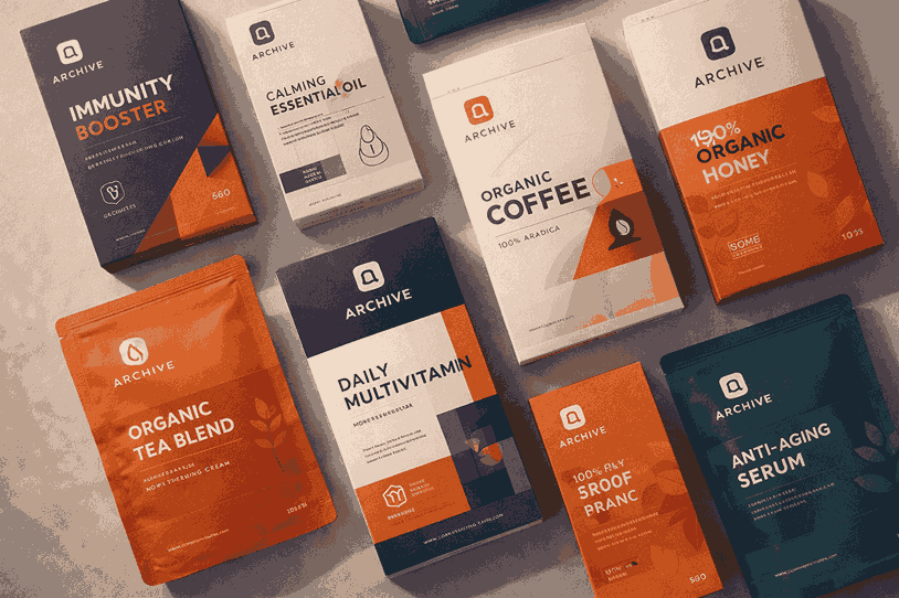 Flat-lay packaging design showcasing clean typography, consistent branding, and professional product packaging layouts under soft studio lighting.