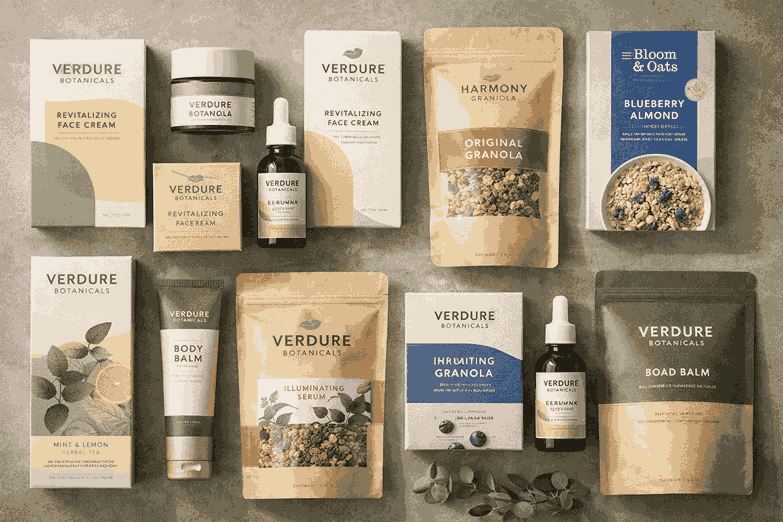 Flat-lay view of multiple packaging designs including boxes, pouches, labels, and bottles with clean, consistent branding.