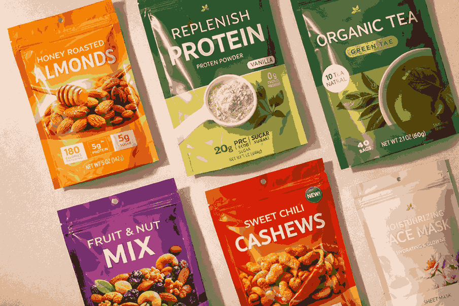 Flat-lay view of multiple pouch designs showcasing brand consistency created by a professional pouch designer near me