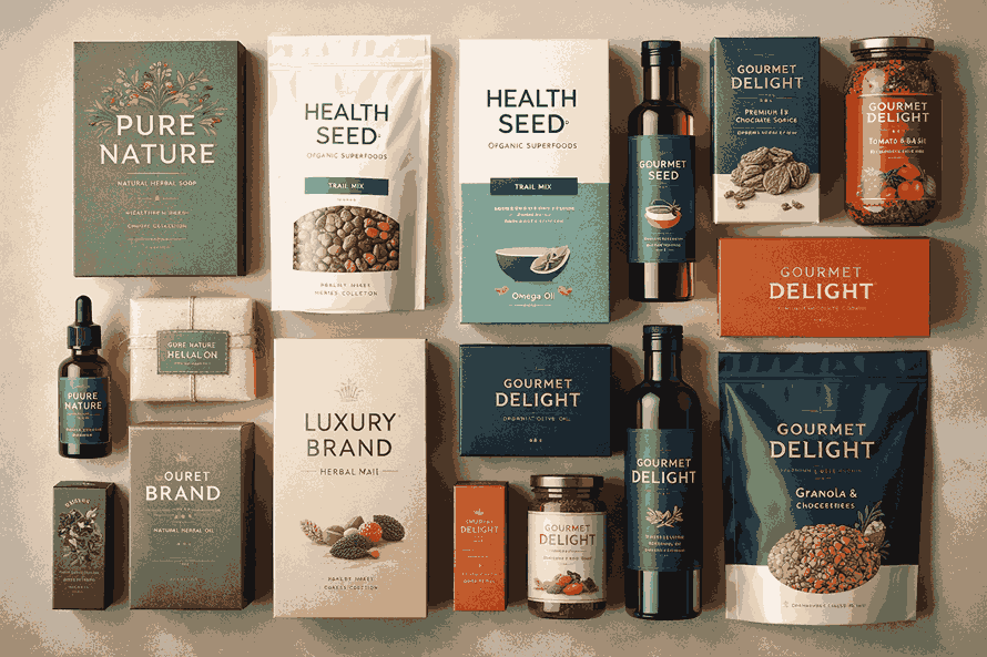 Flat-lay product packaging designs showcasing boxes, pouches, labels, and bottles with clean typography and brand consistency