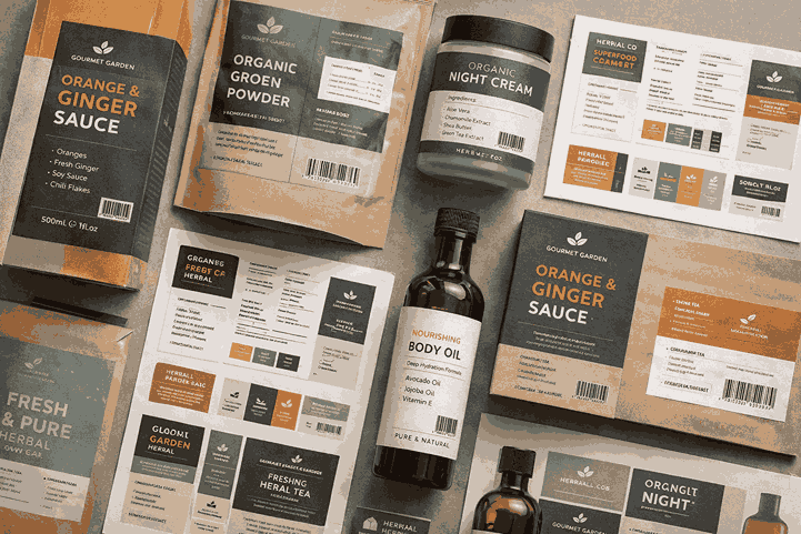 Flat-lay view of professionally designed labels on boxes, pouches, and bottles, showcasing brand consistency and clean typography by a LABEL DESIGNER NEAR ME.