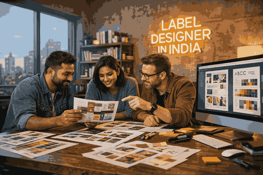 Professional label designer in India collaborating in a modern creative studio on premium packaging and label design layouts