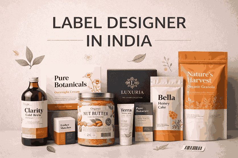 Label designer in India showcasing professional packaging and product label design work