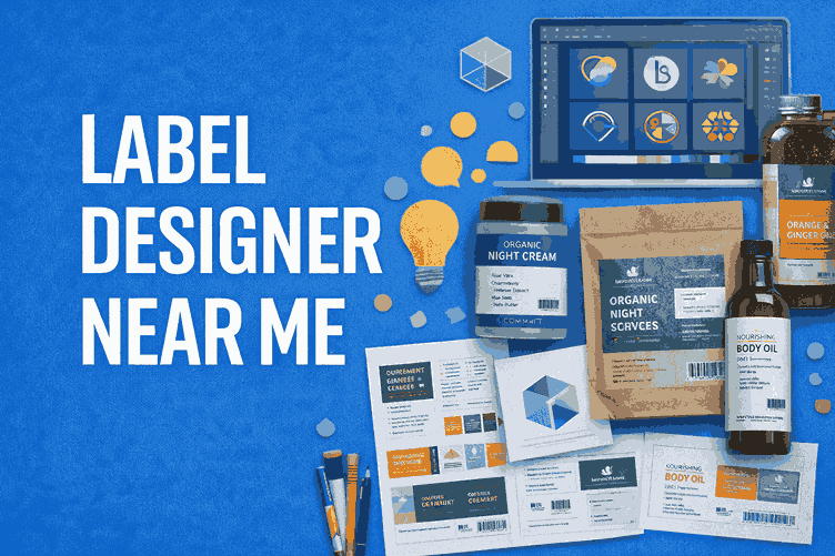 Cover image showing professional label designs, packaging mockups, and creative tools with the title LABEL DESIGNER NEAR ME, representing expert local label design services.