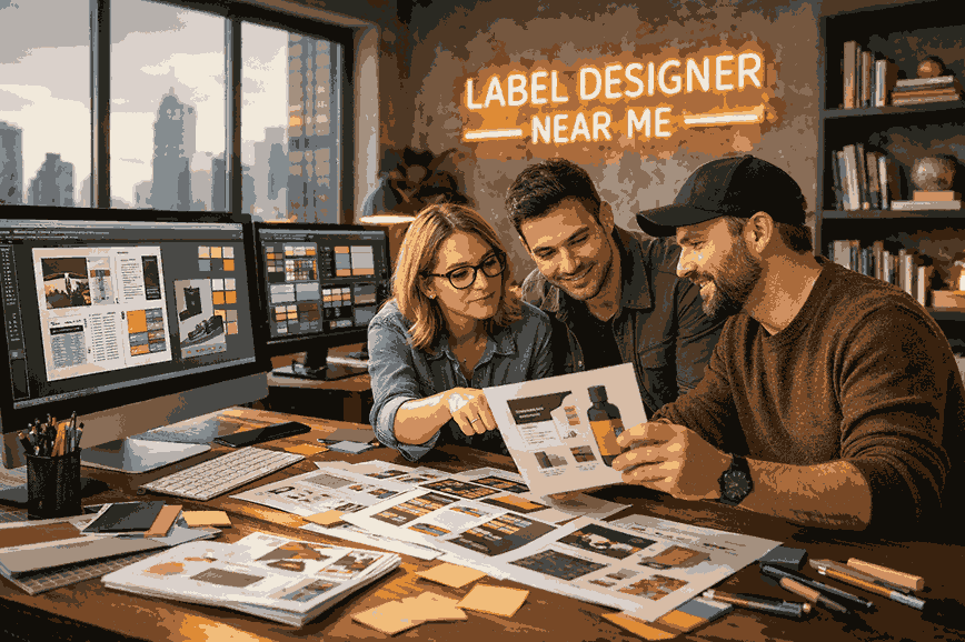 Modern creative studio with professional designers collaborating on premium packaging and label designs, showcasing LABEL DESIGNER NEAR ME services.