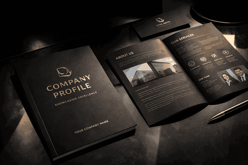 Luxury company profile design services featuring matte black cover with gold foil logo embossing, elegant typography, and premium corporate presentation