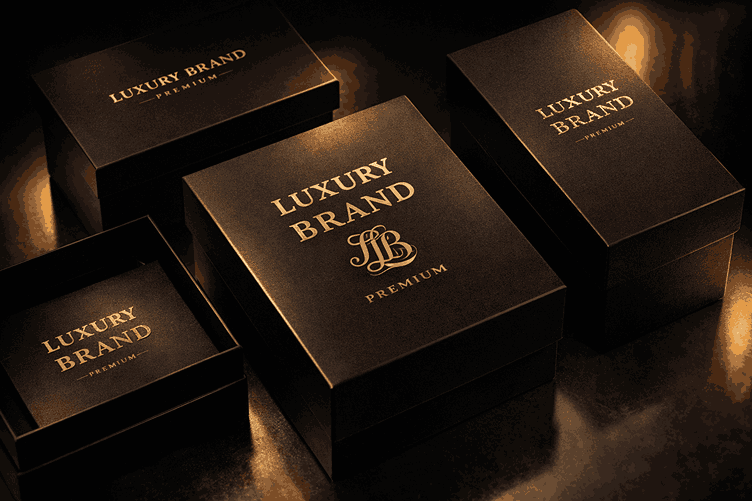Luxury product packaging design featuring matte black boxes with gold foil logo embossing and premium branding finish