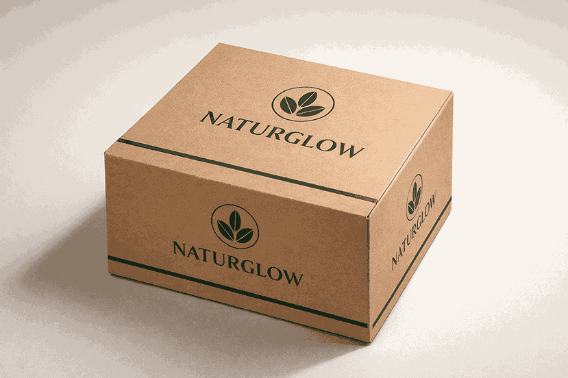 Modern product label design featuring a branded cardboard box with minimal color palette and premium print finish