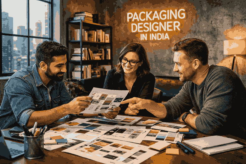 Professional packaging designer in India collaborating in a modern creative studio on premium product packaging layouts and branding designs.