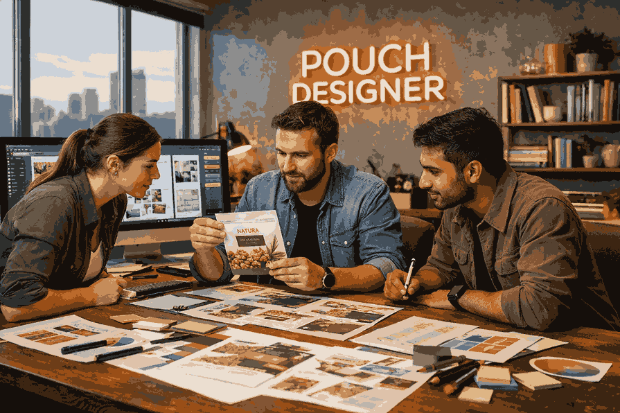Professional pouch designer team collaborating in a modern creative studio on premium pouch packaging design layouts.