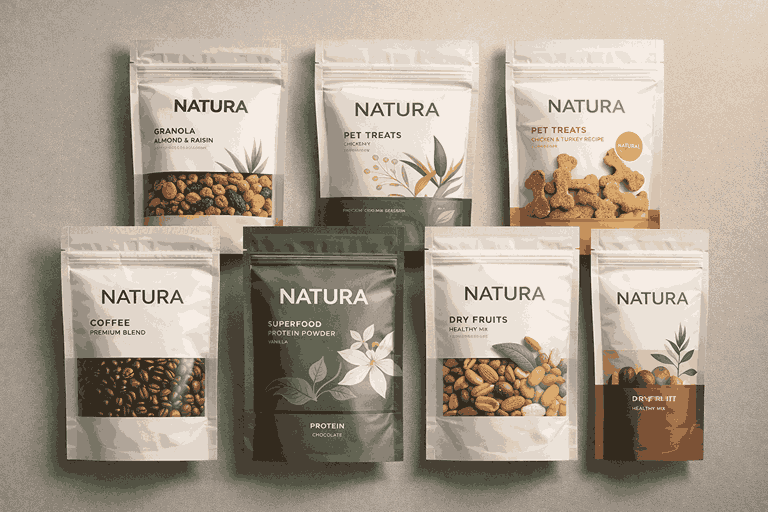 Flat-lay display of multiple pouch packaging designs created by a professional pouch designer with clean typography and brand consistency.