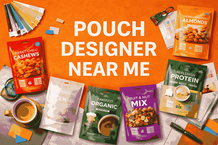 Pouch designer near me cover image showcasing professional pouch packaging designs and creative branding elements