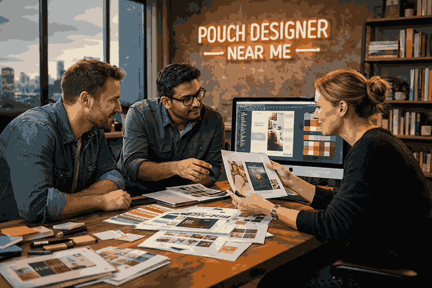 Professional pouch designer near me collaborating on premium packaging design layouts in a modern creative studio
