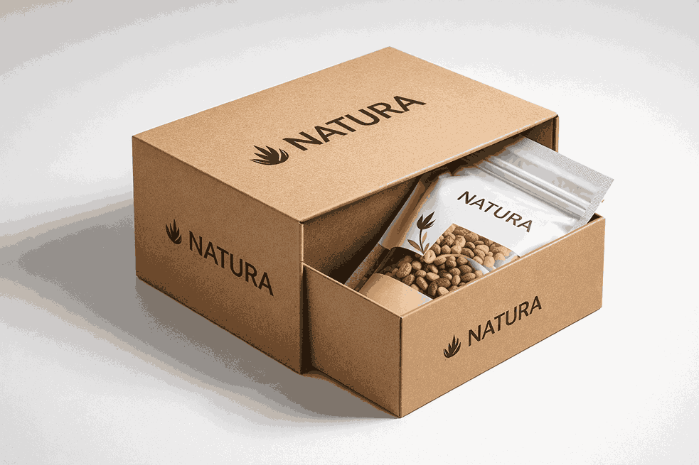 Premium pouch packaging design created by a professional pouch designer featuring a branded cardboard box with minimalist layout and logo placement.