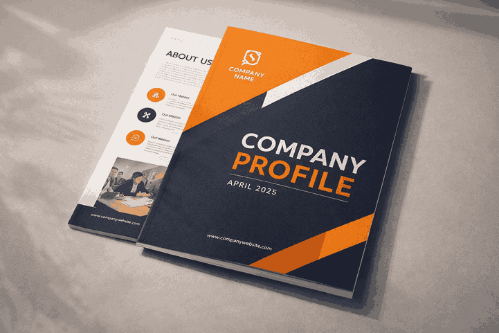 Premium company profile design mockup with bold branding, sharp typography, and professional layout for corporate business presentation.