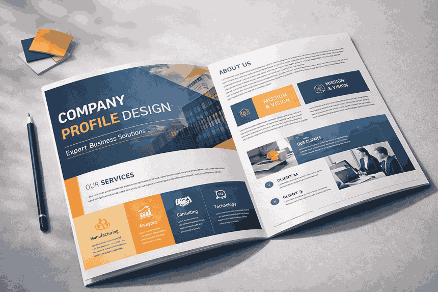 Premium company profile design mockup with structured layout, bold branding, sharp typography, and professional presentation style