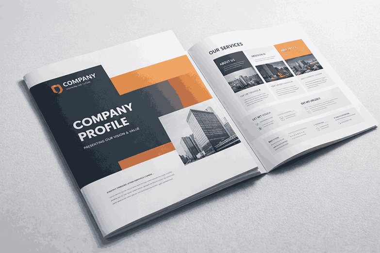Premium company profile design mockup showcasing professional layout, bold branding, and modern corporate presentation style