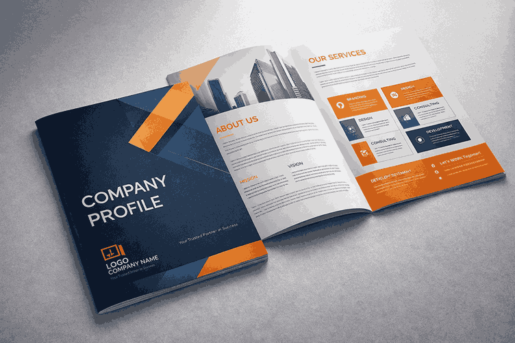 Premium company profile design mockup with professional layout, bold branding elements, and sharp typography on a clean studio surface