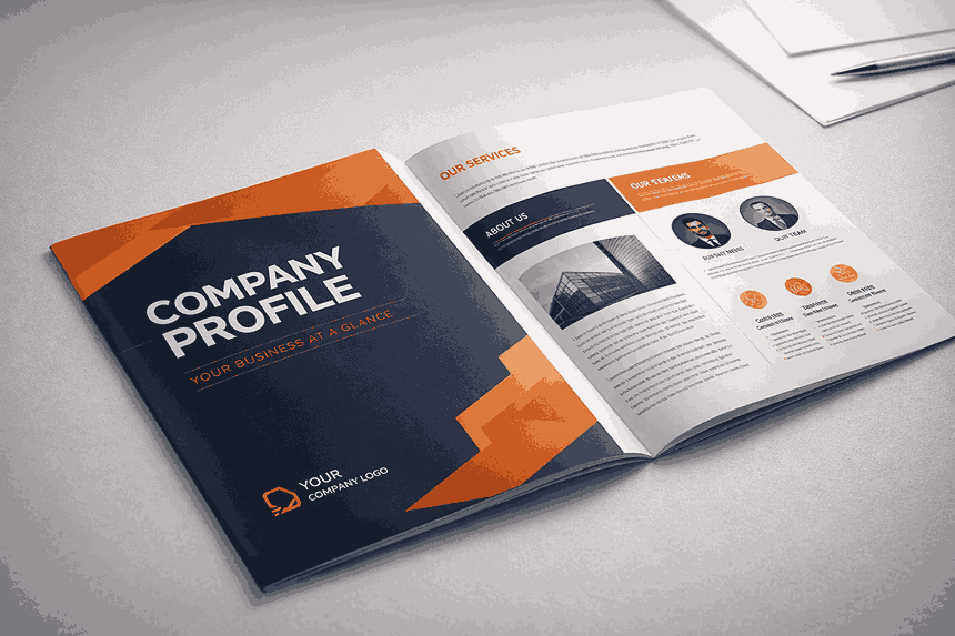 Premium company profile mockup showcasing professional company profile design services with structured layout, bold branding, and sharp typography