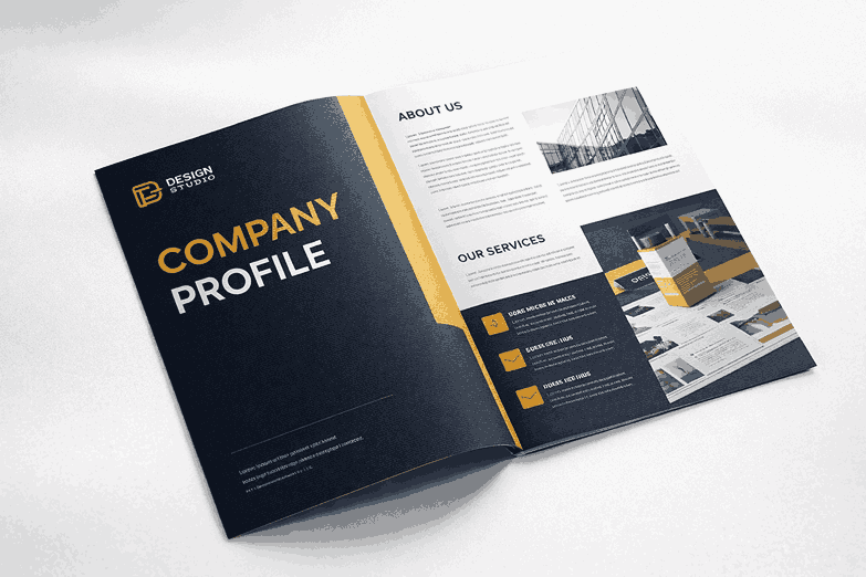 Premium company profile mockup designed by professional company profile designers with structured layout and bold branding